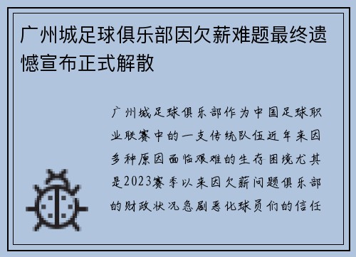 广州城足球俱乐部因欠薪难题最终遗憾宣布正式解散 广州城足球俱乐部因欠薪难题最终遗憾宣布正式解散